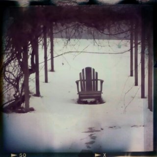 An Adirondack chair under a grape arbor in the snow 